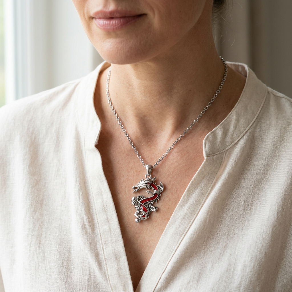 Woman wearing the red shell dragon necklace